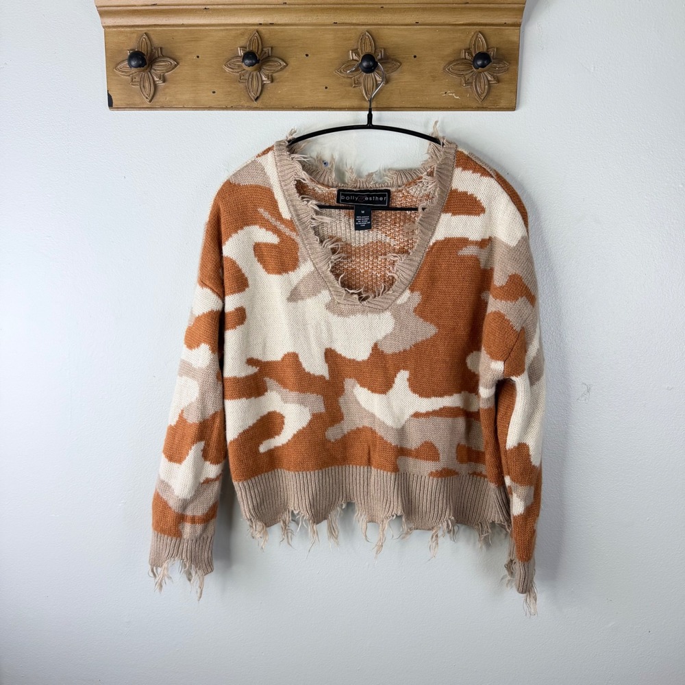 Polly & Esther Camo Distressed V-Neck Sweater Brown Tan Medium Frayed Hem